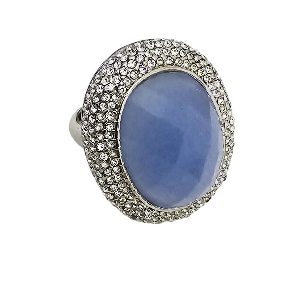 SPRING STREET LARGE OVAL LT BLUE STONE WITH CZ PAVE ADJUSTABLE RING 6-8